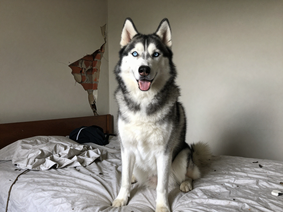 AI-Generated Husky Sitting in Dilapidated Room