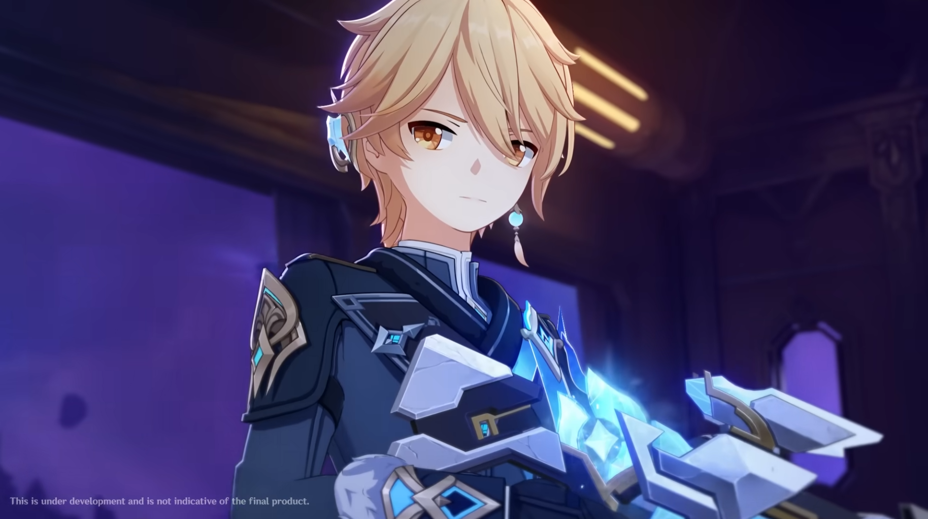 Don't mess with Aether Aether holding a gun in Genshin Impact, Cryo resonance, located inside a train cabin