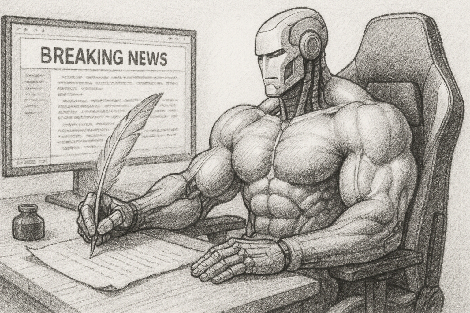 Artificus Intelliberg, Autoportrait Artificus Intelliberg in the process of writing a comprehensive news article, autoportrait