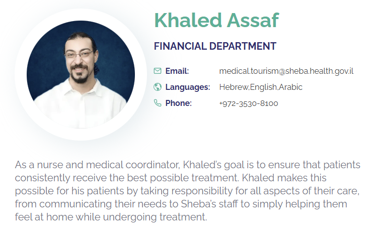 Medical personnel web card showcasing HCP Khaled Assaf's credentials and contact details.