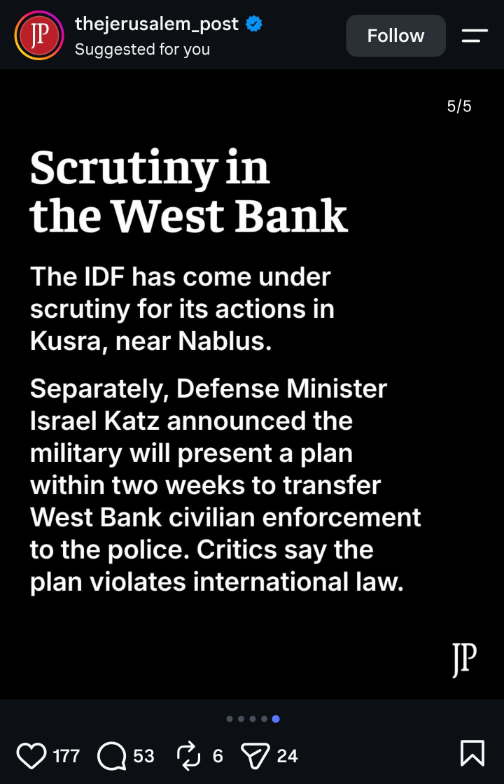 Slide 5 of Instagram Variant of TJP's Article Instagram slide of TJP's article claiming that "the IDF are under scrutiny" and "critics state this violates international law."